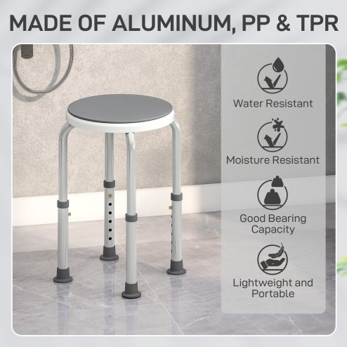 HOMCOM 360° Swivel Seat Bath Shower Stool, Adjustable Height Shower Chair with Aluminium Frame Non-Slip Feet Chair Safe Support Home Assistance, Grey