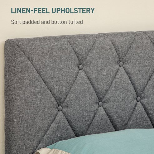 HOMCOM King Size Bed Frame with 5-Level Adjustable Linen Upholstered Headboard, Wooden Slats Mattress Foundation, No Box Spring Needed, Grey