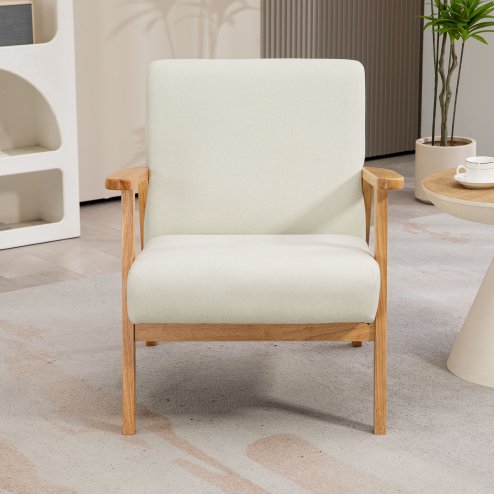 HOMCOM Accent Armchair, Living Room Chair, Wooden Upholstered Single Lounge Chair with Rubber Wood Legs and Padded Seat , Leisure Sofa Chair for Bedroom Office, Cream White