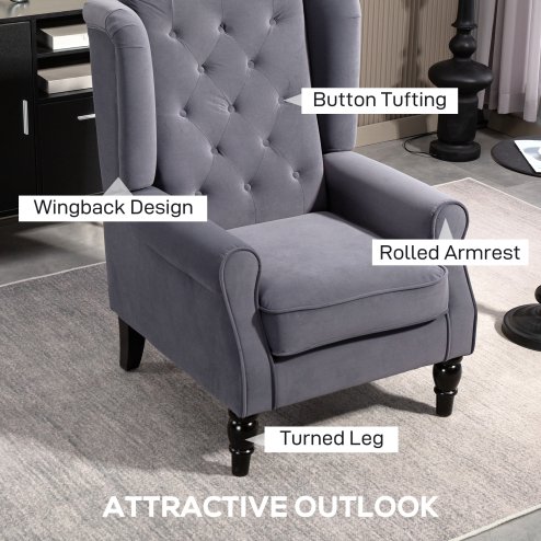 HOMCOM Retro Accent Chair, Velvet Wingback Armchair with Wood Frame Button Tufted Design for Living Room Bedroom, Charcoal Grey