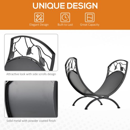 Outsunny Metal Arced Firewood Log Holder Indoor Outdoor Folding Firewood Rack Fireplace Wood Storage Shelf w/ Leaf Pattern Design, Black, 43.5W x 36.5D x 41H cm