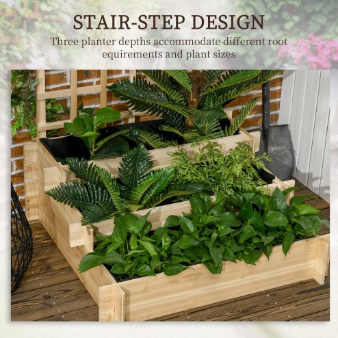 Outsunny 3 Tier Planters with Trellis for Vine Climbing, Wooden Raised Beds for Garden Patio, Outdoor Planter Box for Vegetables, Flowers, Herbs, Natural Tone