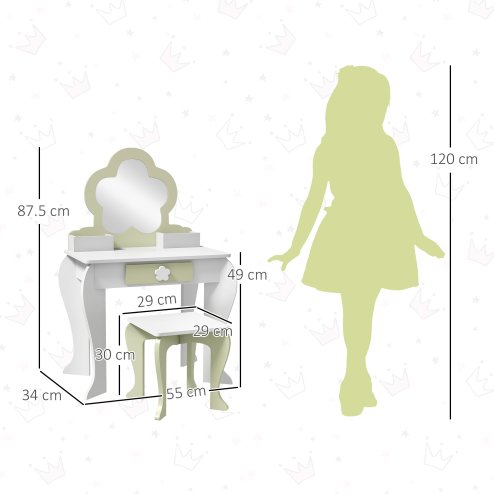 ZONEKIZ Dressing Table with Mirror and Stool, Kids Vanity Table with Drawer, Storage Boxes, Beauty Flower Design Girls Dressing Table for Ages 3-6 Years - White
