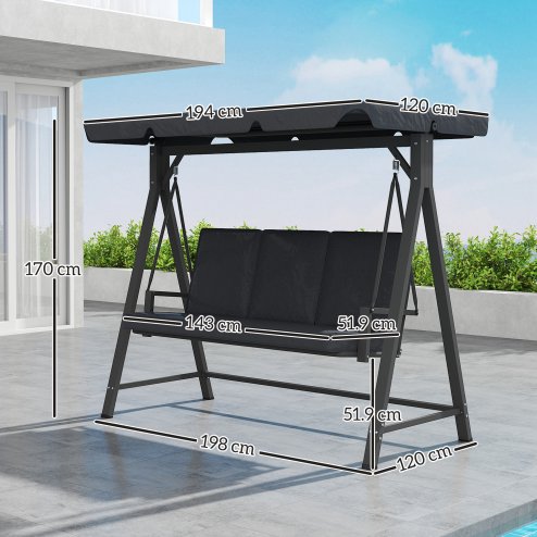 Outsunny 3 Seater Garden Swing Seat with UPF30+ Adjustable Canopy, Swing Chair with Cushion, Outdoor Hammock Bench for Balcony Patio, Dark Grey
