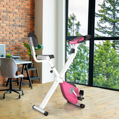 HOMCOM Folding Exercise Bike, Fitness Bicycle Indoor Trainer, 8-Level Magnetic Resistance Adjustable, with LCD Monitor, Pulse Sensor, Pink