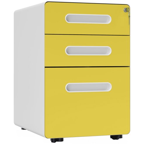 Vinsetto Lockable File Cabinet with 3 Drawers, Vertical Office Drawer for A4, Letter, Legal Size, Anti-tilt Design, Pre-Assembled Body, Yellow