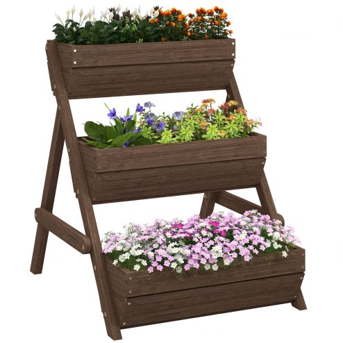 Outsunny 3 Tier 66L Raised Garden Bed Wooden Elevated Planter Box Kit for Flower, Vegetable, Herb, 65 x 75 x 76cm, Tan