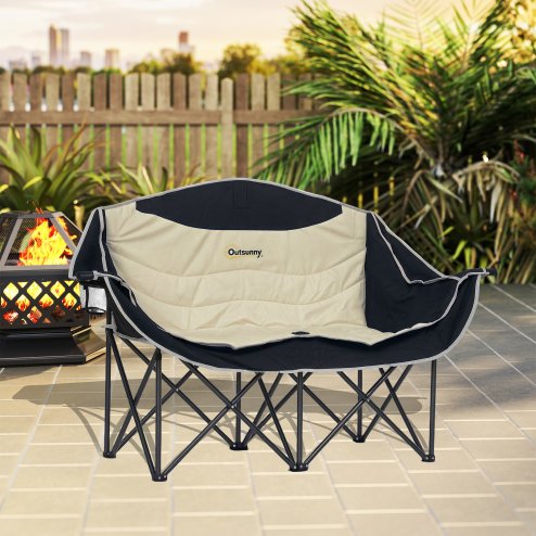 Outsunny Double Camping Chair for Adults, Oversized Heavy Duty Padded Folding Chair with Armrests, Cup Holders and Carry Bag for Outdoor Camping Hiking Picnic Fishing, 250kg Capacity, Khaki