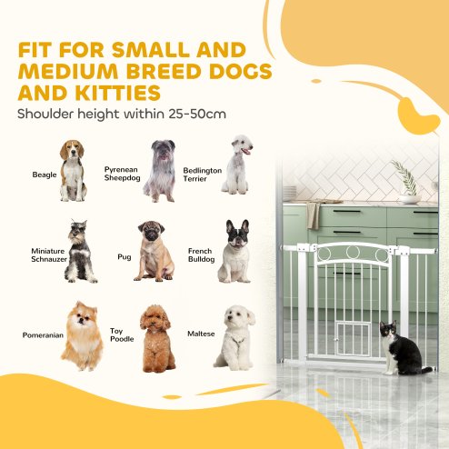 PawHut Stair Gate, 77cm Extra Tall Dog Gate with Adjustable Width, 76-104cm Pressure Fit Safety Gate with Cat Door, 7cm and 14cm Extensions, for Stairs, Doorways, Easy Installation, White