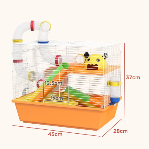 PawHut 3 Tiers Hamster Cage, Small Animal House with Tubes, Exercise Wheel, Ladder, Water Bottle, Dish, Hut, Top Handle, 45 x 28 x 37cm - Orange