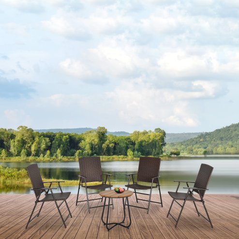 Outsunny Folding Garden Chairs Set of 4, PE Rattan Garden Dining Chairs with Armrests, High Back and Steel Frame, Weather Resistant Outdoor Dining Furniture for Patio, Balcony, Brown