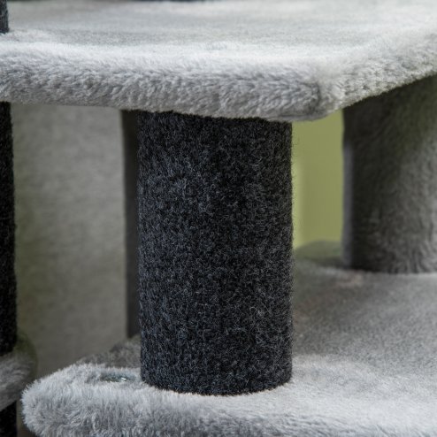 PawHut Dog Steps for Bed, 4 Step Pet Stairs with Cat House, Detachable Cover, Jute Scratching Post, Cat Climb ladder for Sofa w/ Hanging Balls  - Grey