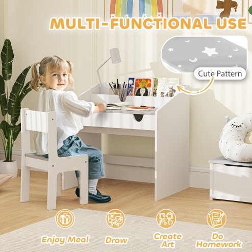 AIYAPLAY Kids Desk and Chair Set, Children Study Table and Chair with Storage, Pull-Out Drawer, Star and Moon Pattern, for Bedroom, Playroom, Nursery, for Ages 3-6 Years, Grey