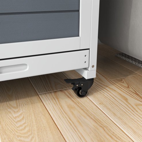 PawHut Rabbit Hutch Guinea Pig Hutch Indoor Wooden Small Animal House with Wheels, Openable Top, No-Leak Plastic Trays - Grey