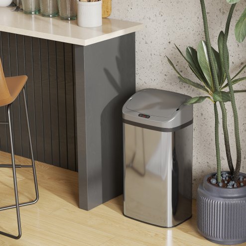 HOMCOM 48L Sensor Bin, Stainless Steel Kitchen Bin with Automatic Soft Close Lid and Fingerprint-Proof for Recycling and Waste, Silver Tone