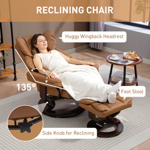 HOMCOM 360° Swivel Recliner Chair with Footstool, PU Leather Manual Recliner Armchair with Footstool, Solid Wood Base, Upholstered Reclining Chair for Living Room, Bedroom, Office, Brown