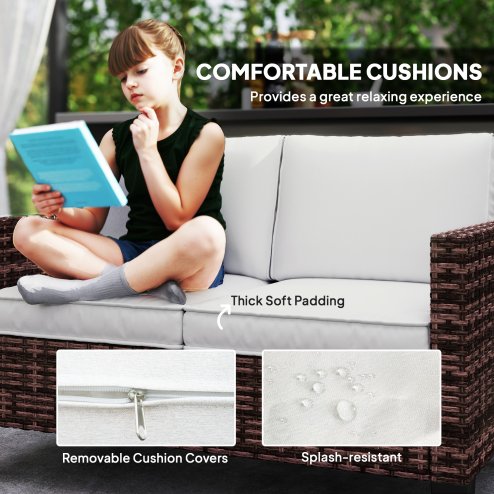 Outsunny 2 Seater Rattan Sofa with Cushions, Wicker Garden Loveseat with Armrests, Outdoor Garden Sofa Couch with Steel Frame for Balcony, Porch, Brown