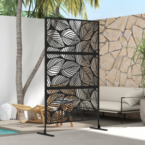 Outsunny Decorative Garden Privacy Screen with Stand, 6.5FT Freestanding Metal Outdoor Divider, Decorative Privacy Panel with Expansion Screws for Garden Pool Hot Tub, Leaf Style, Black