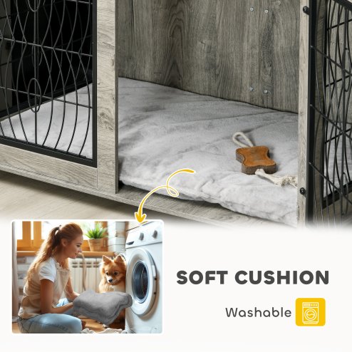 PawHut Dog Crate Furniture, Dog Cage with Soft Washable Cushion, Furniture-Style Pet Kennel Indoor House End Side Table for Small Medium Large XL Breeds, 118 x 75 x 82 cm, Grey