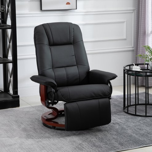 HOMCOM 360° Swivel Recliner Chair with Footstool, Manual Recliner Armchair with Wooden Base, Linen-Like Upholstered Reclining Chair for Living Room, Bedroom, Office, Black