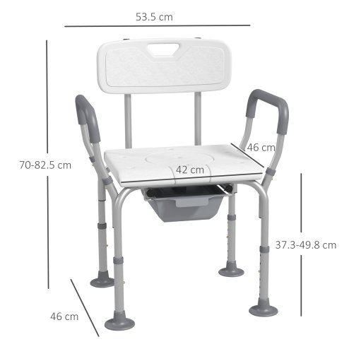 HOMCOM Height Adjustable Shower Chair with Arms and Back, Non-Slip Shower Stool, Bedside Commode with Detachable Bucket for Elderly, Seniors, Disabled, White
