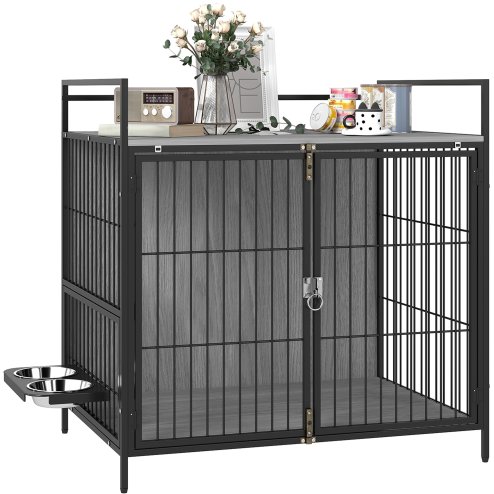 PawHut Dog Crate Furniture with 2 Rotatable Bowls, Dog Crate End Table with 2 Anti-Escape Doors, Storage Shelf, for Medium Dogs, 80 x 56 x 76.5 cm, Grey