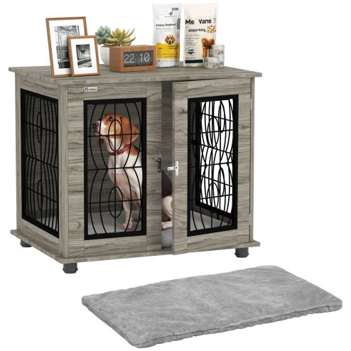 PawHut Dog Crate Furniture, Dog Cage with Soft Washable Cushion, Furniture-Style Pet Kennel Indoor House End Side Table for Small Medium Breeds, 80 x 56 x 63 cm, Grey