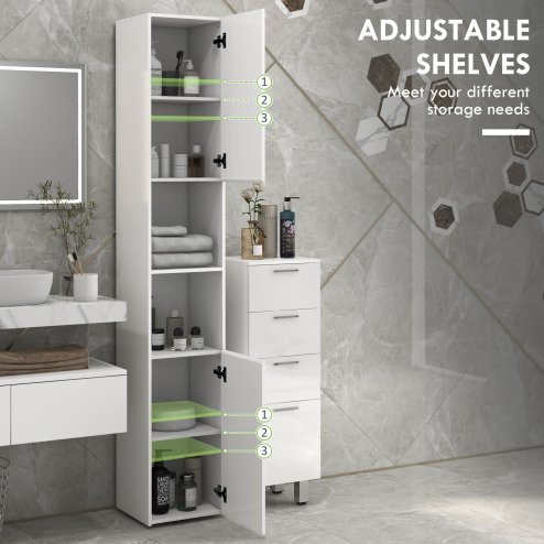 kleankin High Gloss Slim Bathroom Cabinet, Free Standing Bathroom Storage Cabinet with 2 Open Shelves, 2 Door Cupboards and Adjustable Shelves, White