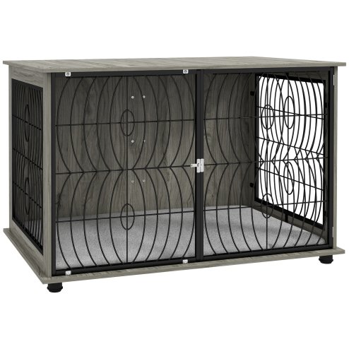 PawHut Dog Crate Furniture, Dog Cage End Table with Large Top, Soft Washable Cushion, Lockable Front Door, Wire Mesh Ventilation, Indoor Pet Crate for Extra Large Sized, 118 x 75 x 82cm - Grey