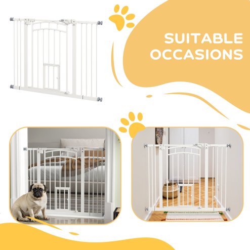 PawHut Dog Stair Gate Pet Barrier with Small Cat Door, Pressure Fit Safety Gate  with Auto Closing System, Double Locking, for Hallways, 74-100 cm Openings - White