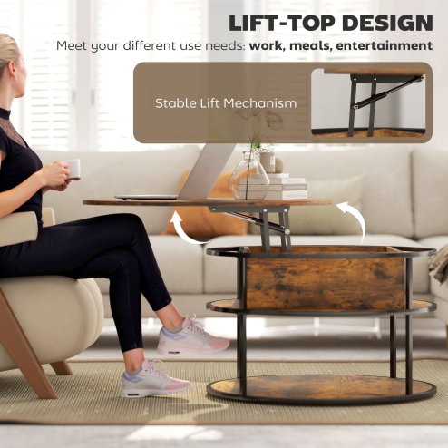 HOMCOM Lift Top Coffee Table, Round Coffee Table with Storage Shelf, Hidden Compartment and Steel Frame for Living Room, Home Office, Brown