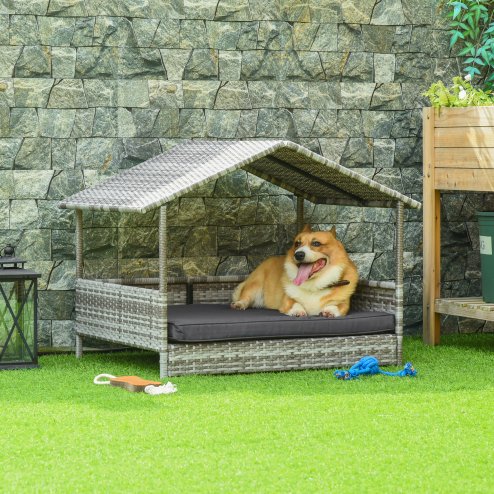 PawHut Wicker Dog Bed, Elevated Rattan Dog House with Removable Cushion and Canopy, for Small and Medium Dogs, 98 x 69 x 70cm - Dark Grey