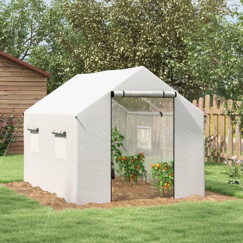 Outsunny 2 x 3(m) Walk-in Polytunnel Greenhouse with Wide Roll-up Door, 4 Mesh Windows, Tunnel Warm House Tent with UV-resistant PE Cover, White