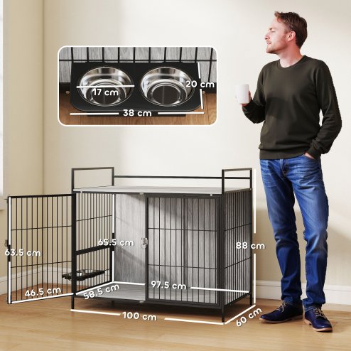 PawHut Dog Crate Furniture with 2 Rotatable Bowls, Dog Crate End Table with 2 Anti-Escape Doors, Storage Shelf, for Large Dogs, 100 x 60 x 88 cm, Grey