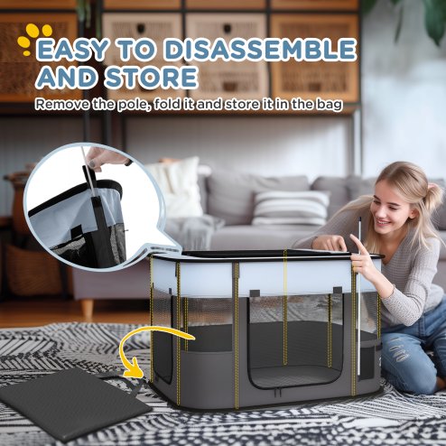 PawHut Dog Pen, Pet Playpen, Portable Foldable Dog Cat Playpen Soft Pet Cage with Storage Bag for Puppies, Rabbits, Kittens, Guinea Pigs, 84 x 64 x 53cm - Grey