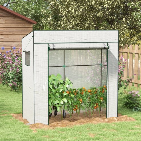 Outsunny Tomato Greenhouse with Reinforced PE Cover, Walk-in Garden Growhouse with Large Roll-up Door and 2 Mesh Windows, Portable Indoor Outdoor Green House, 196L x 77W x 178Hcm, White