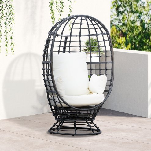 Outsunny 360?? Swivel Egg Chair, Garden Rattan Swivel Chair with Thickened Cushion and Pillow, 150 KG Capacity for Indoor Outdoor, Balcony, Patio, Black