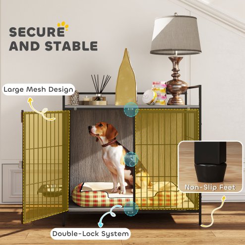 PawHut Dog Crate Furniture with 2 Rotatable Bowls, Dog Crate End Table with 2 Anti-Escape Doors, Storage Shelf, for Medium Dogs, 80 x 56 x 76.5 cm, Grey