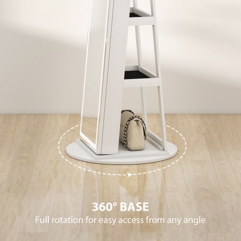 HOMCOM 360 Swivel Mirror Jewellery Cabinet with 3 Colour LED Lights, Lockable Jewellery Organiser, Free Standing Full Length Mirror with Storage for Earrings, Necklaces, Rings and Lipsticks, White