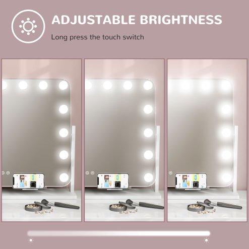 HOMCOM Hollywood Vanity Mirror with Lights, Large 63x50 cm Lighted Makeup Mirror with 3 Colour, 14 LED Bulbs, 10X Magnifying, USB Charging Port, Phone Holder, 360?? Rotation, Touch Screen