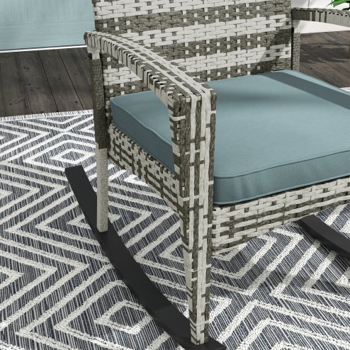 Outsunny PE Rattan Garden Rocking Chair, Outdoor Rocking with Cushion, 160 KG Capacity Wicker Garden Armchair Rocker with Metal Frame for Patio, Porch, Balcony, Light Grey