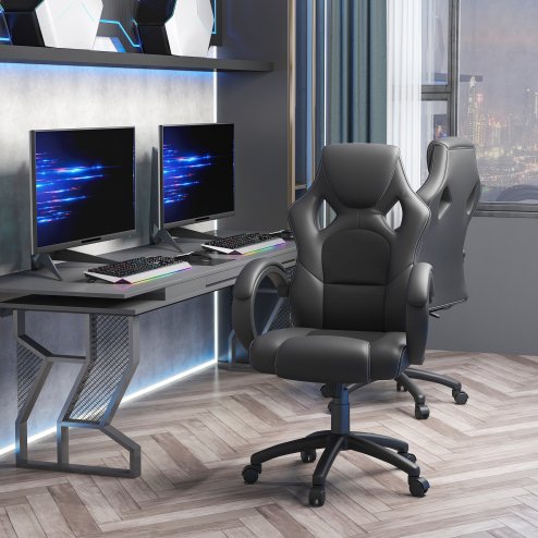Vinsetto Gaming Chair Faux Leather Swivel Computer Racing Gamer Desk Chair for Home Office with Wheels, Black