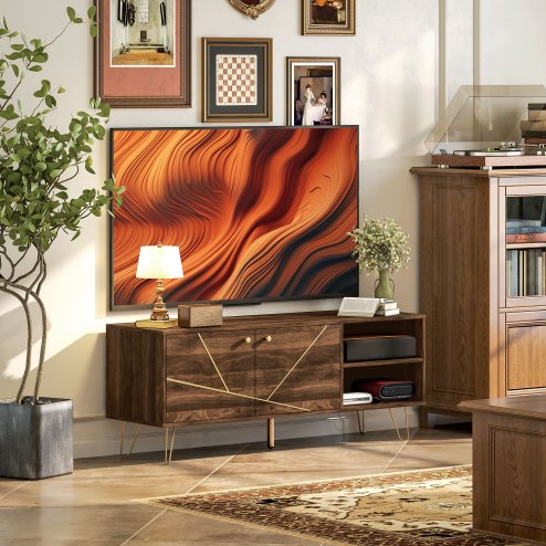 HOMCOM TV Stand Cabinet for up to 60 Inch TV, Modern 130cm TV Unit with Adjustable Shelves and Hairpin Legs, Double Door TV Cabinet for Living Room, Bedroom, Brown