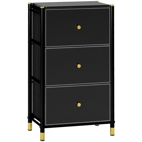HOMCOM Chest of Drawers, 3 Drawer Fabric Dresser with PU Leather Surface, Steel Frame, Storage Organizer Unit for Bedroom, Living Room, Hallway, Closet, Easy to Assemble, Black