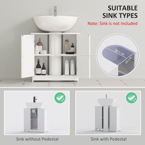 kleankin 60x60cm Under-Sink Storage Cabinet w/ Adjustable Shelf Handles Drain Hole Bathroom Cabinet Space Saver Organizer White