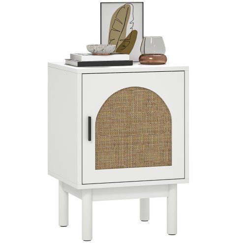 HOMCOM Rattan Bedside Table, Boho Bedside Cabinet with Adjustable Shelf and Solid Wood Legs, Side Table for Living Room, Bedroom, White