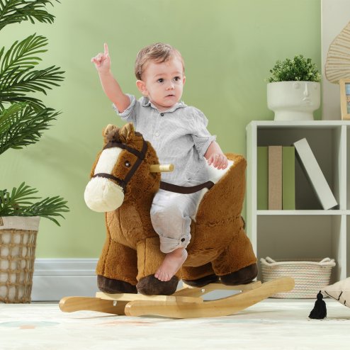 AIYAPLAY Kids Rocking Horse, Plush Ride on Horse, with Sound, Wood Base, Seat Safety Belt, for Ages 18-36 Months, Brown