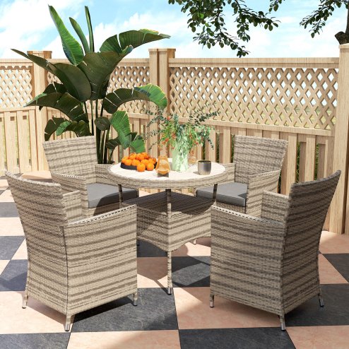 Outsunny 4 Seater Garden Dining Set with Cushions, Double Layer Table with Wood-like Slat Top, PE Rattan Garden Furniture Set, Outdoor Dining Table and Chairs for Patio, Balcony, Grey