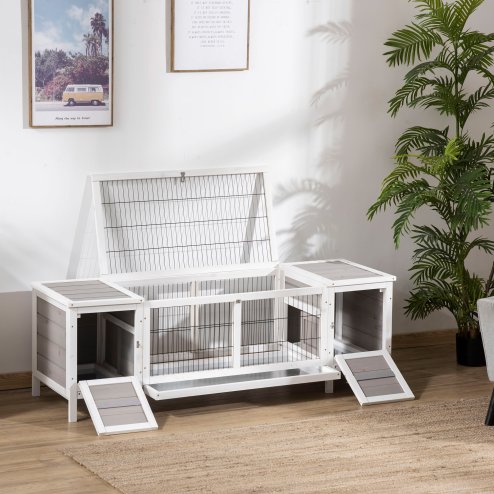 PawHut Wooden Rabbit Hutch Separable Guinea Pig Hutch Bunny Run Small Bunny House for Indoor Use w/ Slide Out Tray, 161 x 50.5 x 53.3cm - (Grey)