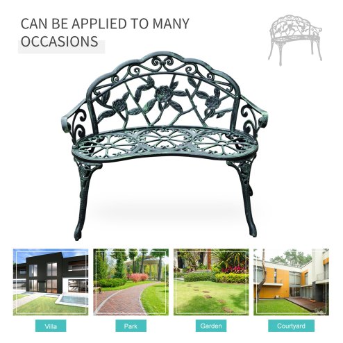 Outsunny 2 Seater Garden Bench, Cast Aluminium Outdoor Garden Loveseat, Antique Rose Style Outdoor Bench Seat with Back and Armrests for Patio, Porch, Park, Green